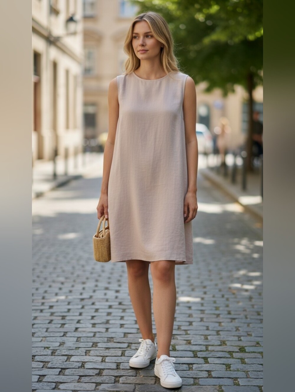 Linen Blend Sleeveless Shift Dress in Pale Taupe Size 12 - Like NEW Minimalist